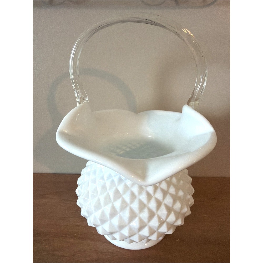 Vintage Westmoreland Diamond Point Milk Glass 10" Basket w/Clear Twisted Handle
